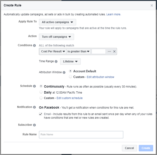Facebook Automated rules