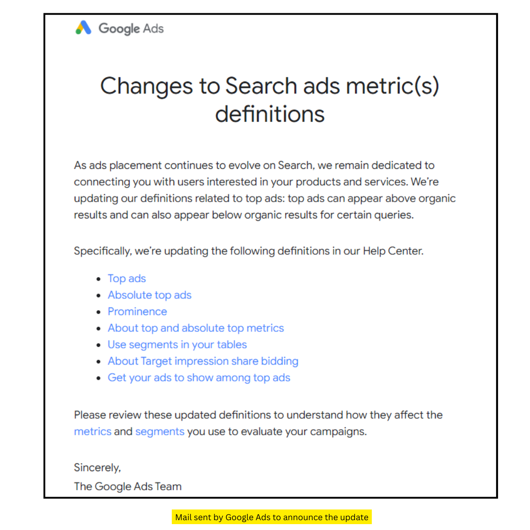 Mail sent by Google Ads to announce the update